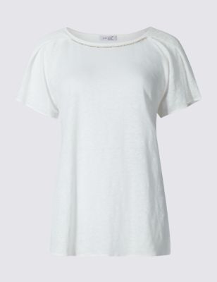 Pure Linen Slim Fit Diamond Stud Neck T-Shirt